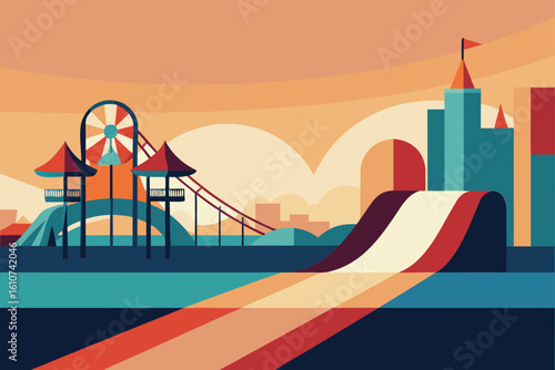 Stylized amusement park with city skyline and sunset