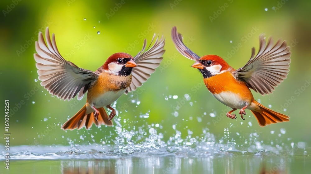 Fototapeta premium Two vibrant birds in flight, splashing water.