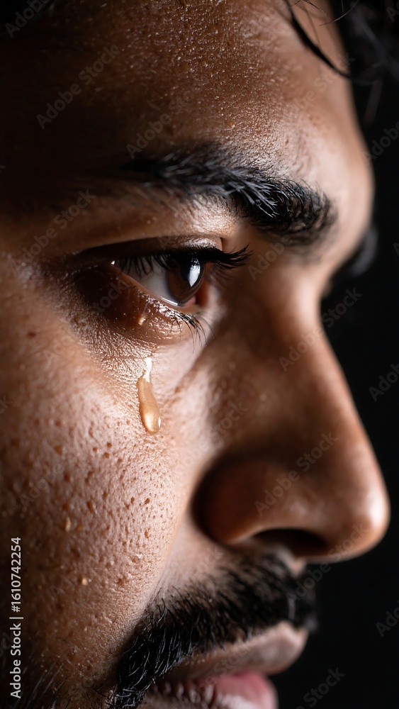 Obraz premium Close-up profile of a man crying, tears streaming down his face