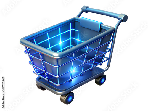 A shiny blue shopping cart with glowing lights, isolated on white isolated on transparent background