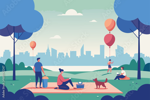 City park scene with people dogs and hot air balloon