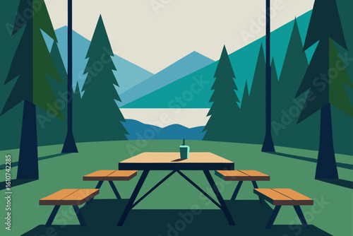 Serene mountain campsite with picnic table and bench