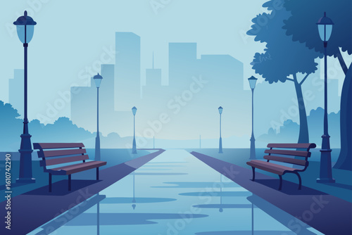Serene park bench with glowing lampposts and city skyline at dusk