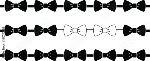Set of cute black and white baby bow tie vector illustrations, creating a seamless decorative border pattern for fashion, invitations, and graphic design projects.