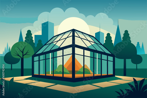 Modern glass conservatory in a city park