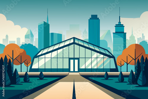 Modern glass building in a city park with skyline