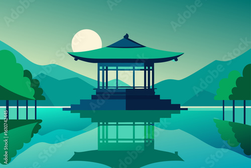 Tranquil asian pagoda reflected in calm water at sunset