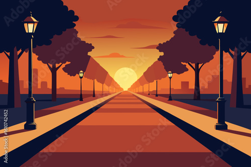 Streetlights illuminate a road lined with trees at sunset
