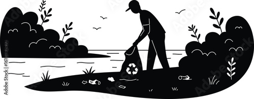 Man picking up litter by river, environmental conservation volunteer, nature protection activity, outdoor garbage cleanup, sustainable lifestyle, ecological awareness, green planet, save environment