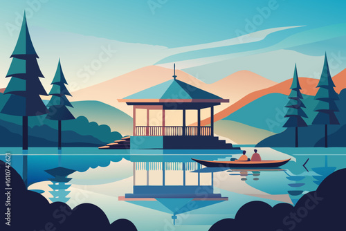 Serene lakeside gazebo and boats at sunset