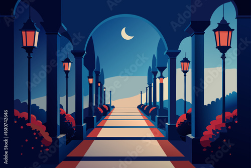 Enchanting pathway through an arched corridor with lanterns and flowers