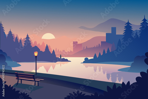 Serene lakeside path at sunset with mountain backdrop