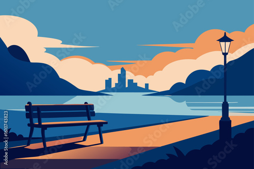 Serene lakeside bench with mountain sunset view