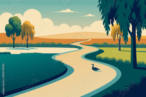 Serene landscape with winding path and lone bird