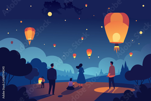 People watch glowing lanterns ascend into the twilight sky over a city