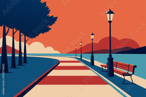 Serene lakeside promenade with vintage lamps and benches