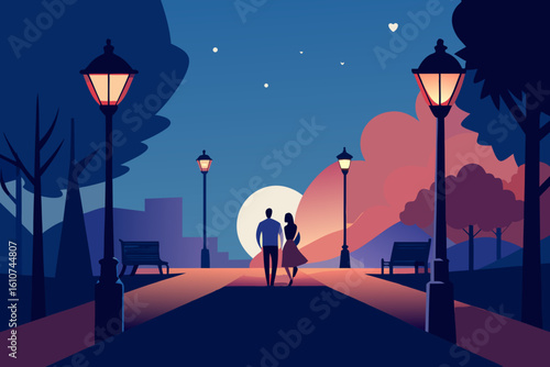 Romantic park at night with heart balloon and streetlights