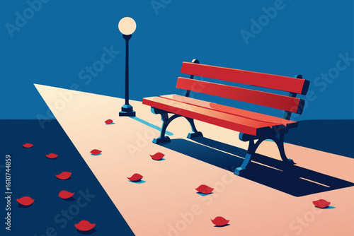 Red park bench and lamppost on a dark blue night with scattered red leaves