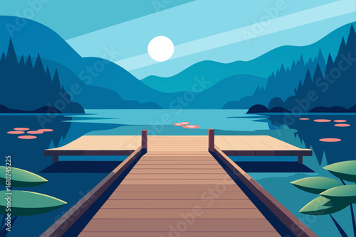 Serene lakeside view with wooden dock and mountain backdrop
