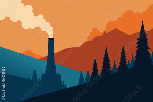 Industrial smokestack polluting mountain landscape