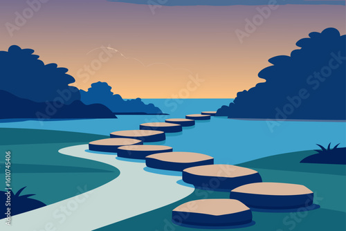 Serene blue landscape with stepping stones and trees