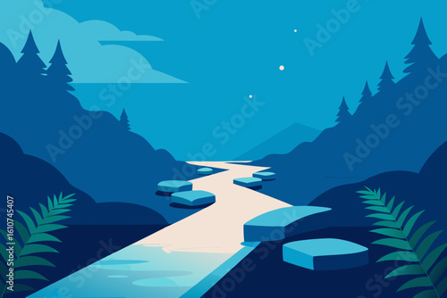 Serene moonlit path over water in a forested landscape