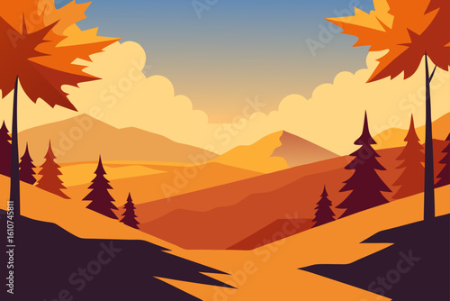 Vibrant autumn landscape with maple leaves and mountains at sunset