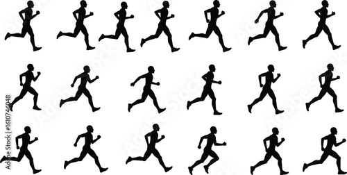 Silhouette sequence of man running, jogging motion illustration, athlete animation cycle, black runner clipart on white background, fitness training, sports movement icons set