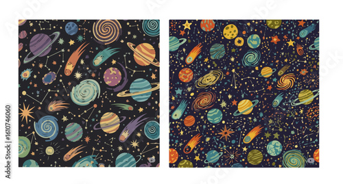 A cosmic canvas featuring planets stars comets and galaxies in vibrant illustrations