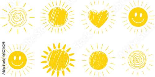 Cute sun emoji cute suns smile fun weather sunlight icons isolated sunny faces summer sunshine heating smiley utter vector collection
