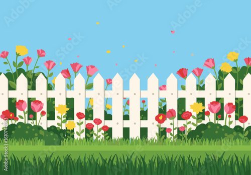 Whimsical Cartoon Garden with White Picket Fence, Blooming Tulips and Colorful Flowers on a Sunny Spring Day – Playful Vector Scene for Children's and Seasonal Designs