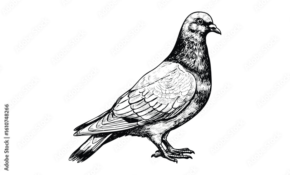 Naklejka premium Detailed black and white illustration of a pigeon facing right. Vector retro hand drawn illustration