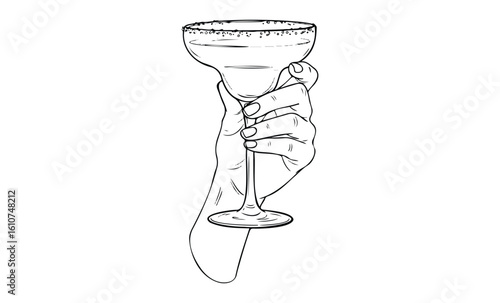 Hand holding margarita glass illustration with salted rim. Vector retro hand drawn illustration