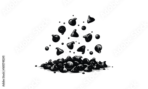Hand-drawn black and white chocolate chips falling on a pile. Vector retro hand drawn illustration