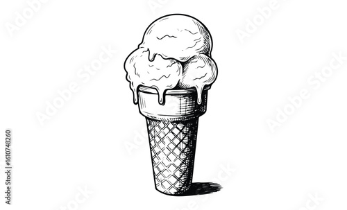 Black and white sketch of melting ice cream cone with waffle design. Vector retro hand drawn illustration