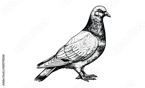 Detailed black and white illustration of a pigeon facing right. Vector retro hand drawn illustration
