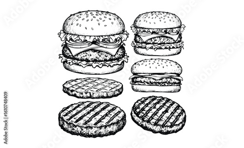 Hand-drawn burger and patty illustrations in classic black and white style. Vector retro hand drawn illustration