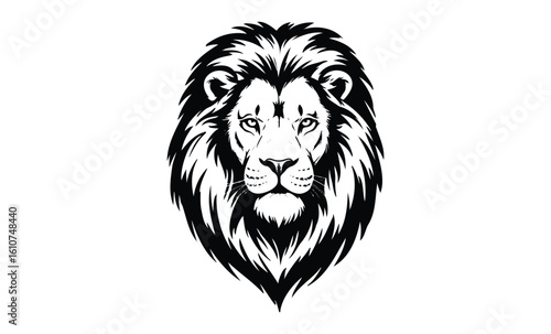 Majestic lion head illustration in black and white with intense expression. Vector retro hand drawn illustration