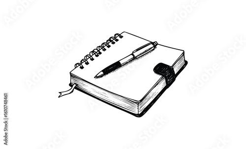Sketch of spiral notebook with pen and bookmark clip. Vector retro hand drawn illustration