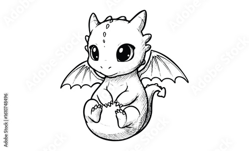 Adorable baby dragon with wings sitting. Vector retro hand drawn illustration