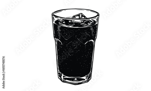 Monochrome sketch of a tall glass of soda with ice cubes. Vector retro hand drawn illustration