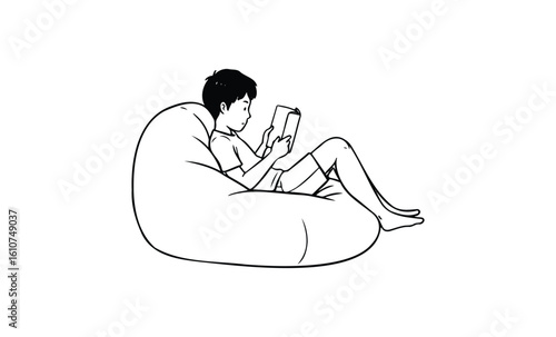 Asian young male reading on bean bag with tablet in relaxed setting. Vector retro hand drawn illustration