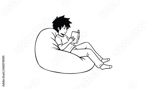 Anime teen boy relaxing on bean bag reading book in black and white sketch. Vector retro hand drawn illustration