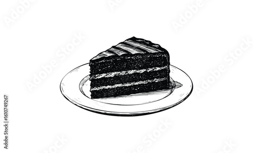 Hand-drawn slice of chocolate layer cake on plate in black and white. Vector retro hand drawn illustration
