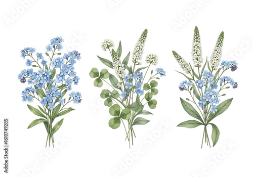 Watercolor illustration of delicate floral arrangements with blue forget me nots Isolated on transparent background
