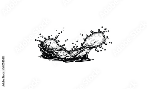 Dynamic black and white water splash art with stylized wave design. Vector retro hand drawn illustration