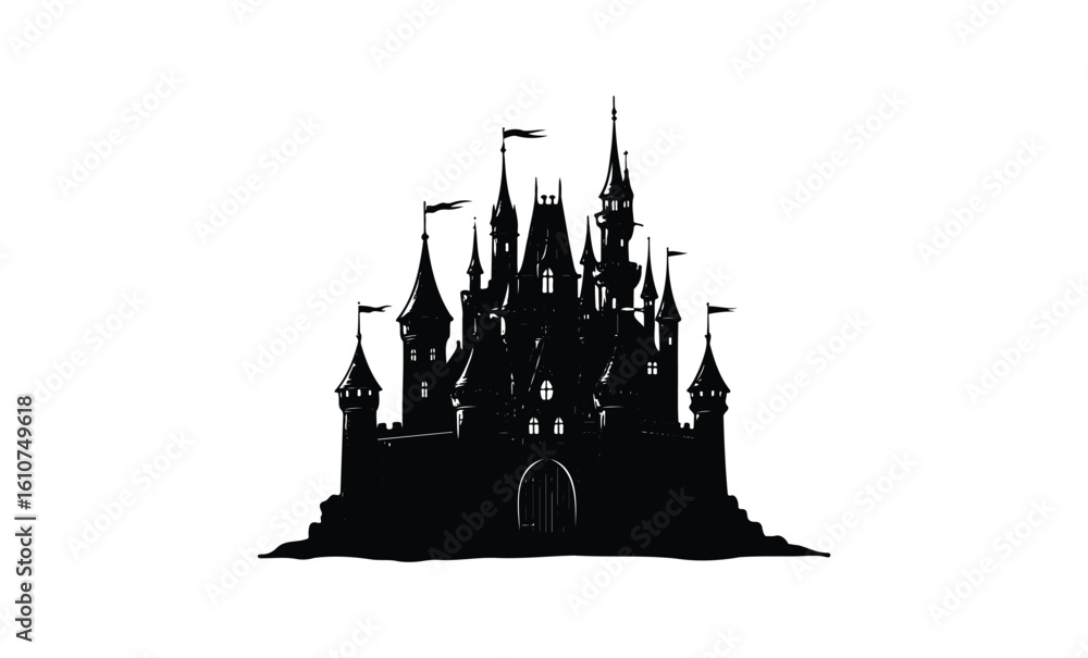 Fototapeta premium Majestic fantasy castle silhouette with towers and flags. Vector retro hand drawn illustration