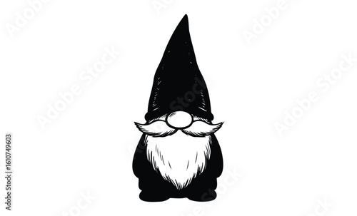 Black and white gnome illustration with tall hat and bushy beard. Vector retro hand drawn illustration