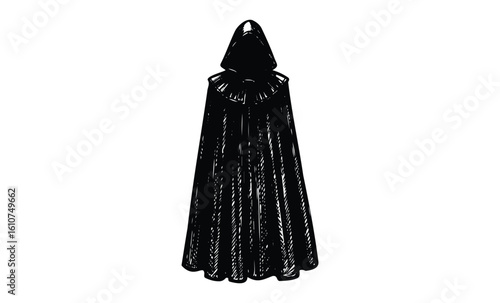 Mysterious hooded cloak illustration in black and white. Vector retro hand drawn illustration