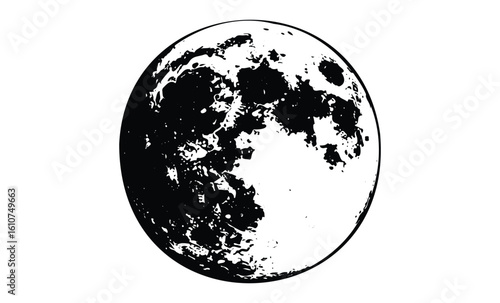 Monochrome illustration of the moon showing detailed craters and surface texture. Vector retro hand drawn illustration